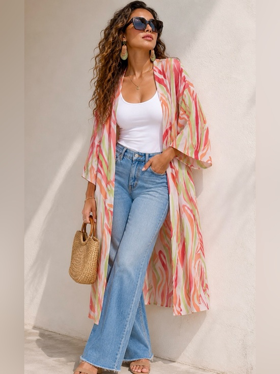 Sweaters - Boho Abstract Swirl Print Maxi Kimono Duster Cardigan Coral Green Sz S
